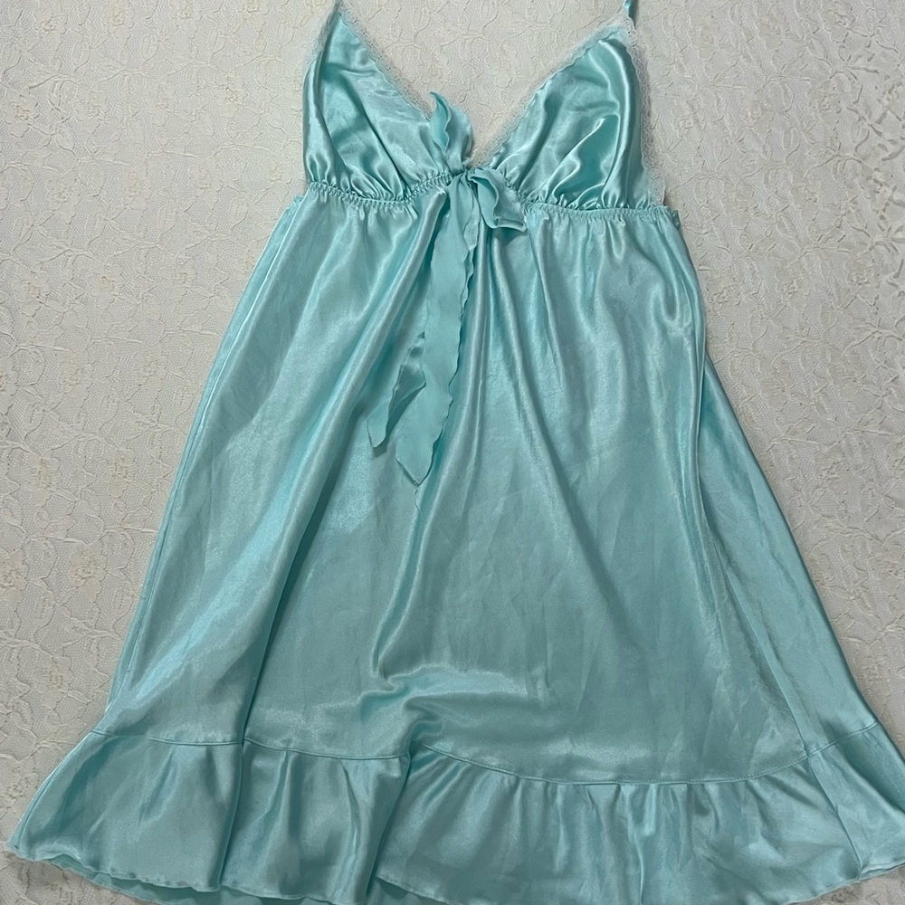 Victoria's Secret Blue Satin Chemise with Bow Detail